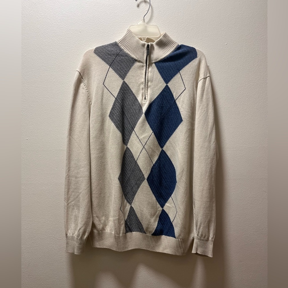 JOE Joseph Abboud Classic Argyle Long Sleeve Sweater, Sz L, Blue & Gray Cream